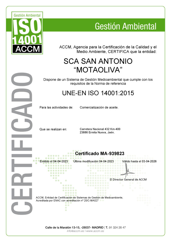 Certificado Gestión Ambiental ISO UNE-EN 14001 2015 - San Antonio MotaOliva
